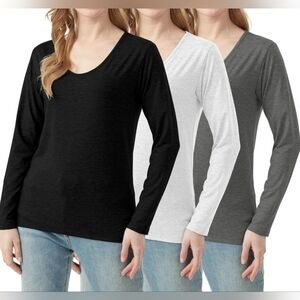 3-Pack V-Neck Long Sleeve Tops Size L NWT Soft Basic Casual Set Black Gray White